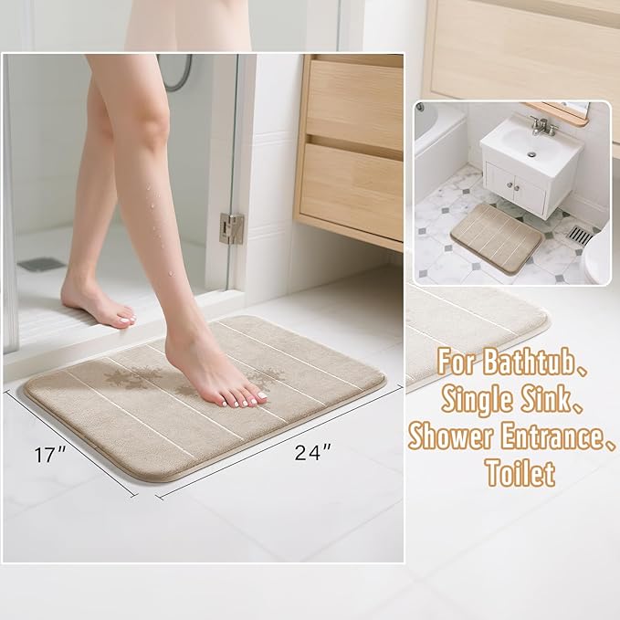 Yimobra Memory Foam Bath Mat, Super Soft Absorbent Bathroom Rug Non Slip, Quick Dry, Machine Washable Floor Carpet for Tub Shower, Home Decor Accessories, 24x17, Beige