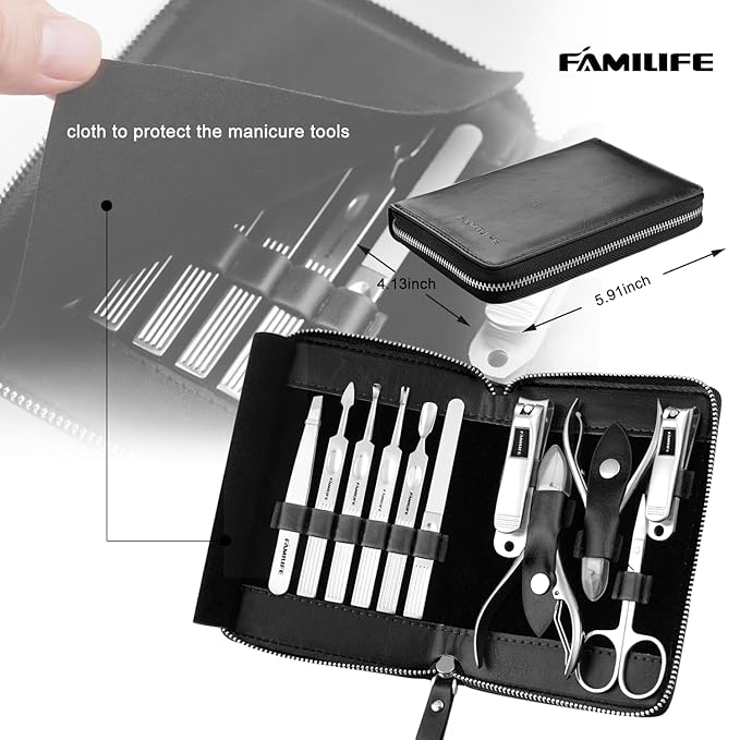 Manicure Kit, FAMILIFE Professional Manicure Set Nail Kit, 11 in 1 Stainless Steel Nail Clippers Set, with Portable Black Leather Travel Case Luxury Gifts for Him