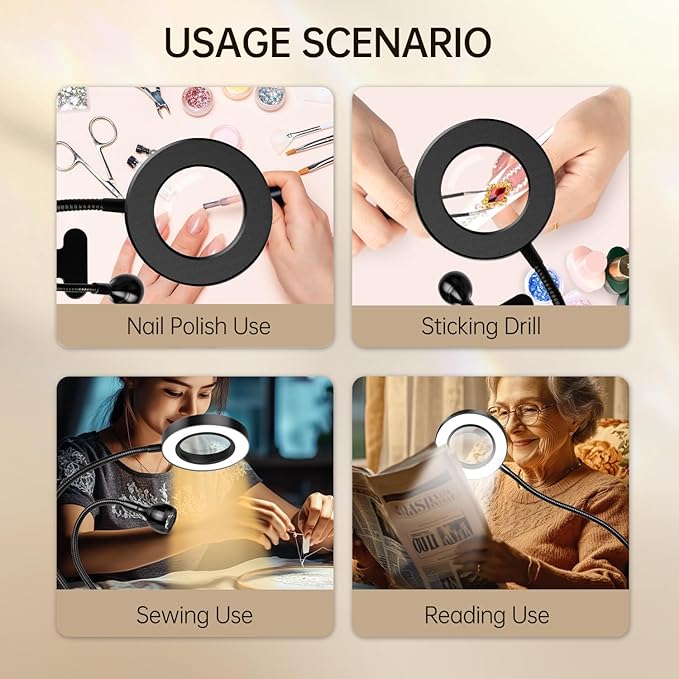 AORAEM LED UV Nail Lamp: Double-Headed Gooseneck U V Lamp for Gel Nails, LED Flash Cure Light with 6X Magnifier Home DIY Salon, Black