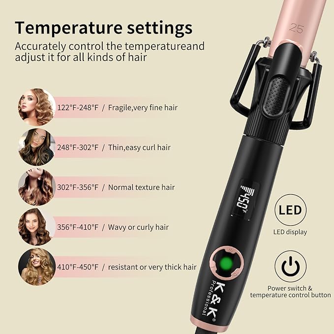 1 Inch Curling Iron with Clipped Tourmaline Ceramic Barrel Professional 1 Inch Hair Curler up to 450°F Dual Voltage for Traveling 60 Mins Auto Off Suit for Different (Rose Gold, 1 inch)