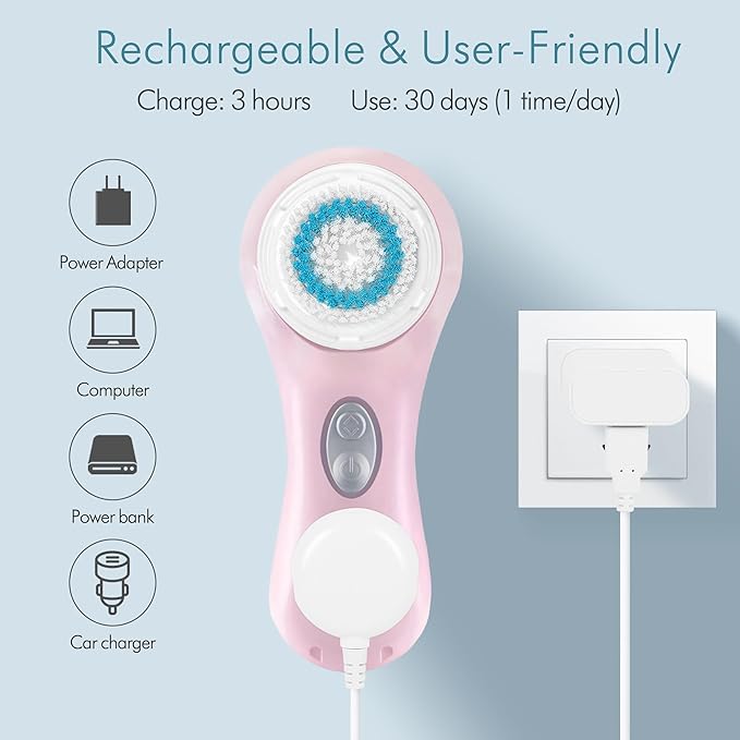 Microtree Electric Facial Cleansing Brush, Sonic Vibrating Rechargeable Face Scrubber Exfoliator, 2 Speeds for Gentle Clean, Face Wash Brush - No Rotation, Safe for All Skin Types