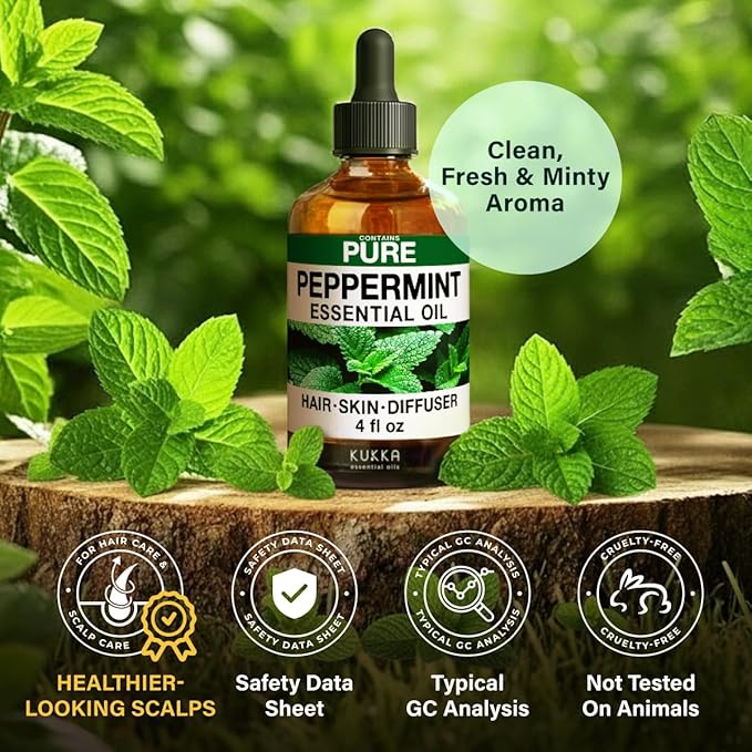 KUKKA Peppermint Essential Oils - 4 Fl Oz - for Hair, Skin, Diffuser, Aromatherapy & DIY Soap Making Scent