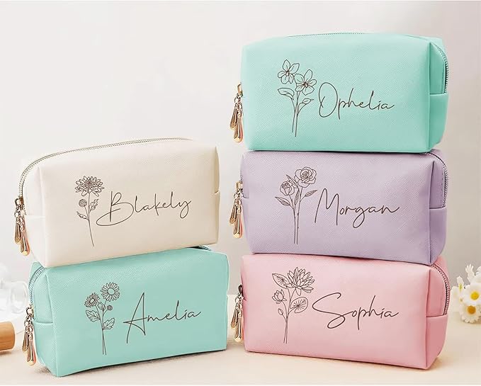 DayOfShe Personalized Makeup Bag with Name and Birth Flower Bridesmaid Gifts Stocking Stuffers for Women Teenage Girls Gifts, Custom Travel Makeup bag for Bridal Shower Gifts