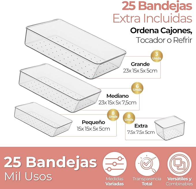 Makeup organizers – A set of 25 transparent plastic organizers in four sizes, ideal for makeup, jewelry, and cosmetics. Includes a rotating brush organizer.