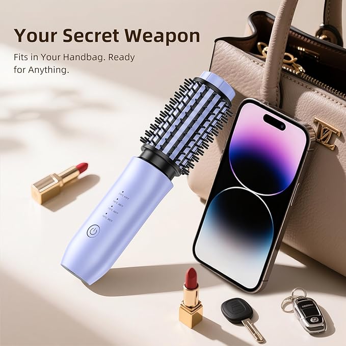 CARESKY® Cordless Curling Iron Brush, 1.5 Inch Mini Travel Hair Curler with 200 Million Negative Ions, Portable Heated Round Straightener Brush Rechargeable for Curl, Touch-Up, De-Frizz, Styling
