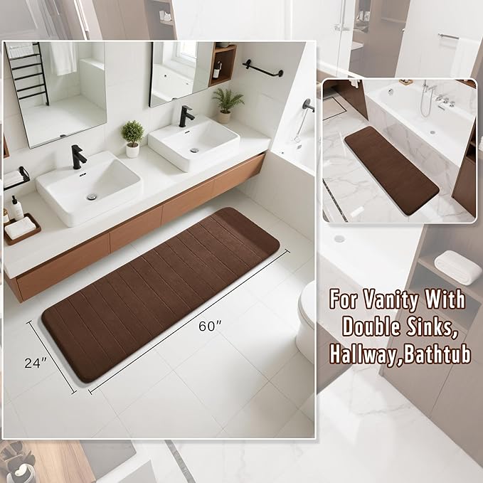 Yimobra Bathroom Runner 60"x24", Non Slip Memory Foam Bath Mat, Super Soft Water Absorbent Hallway Carpet, Machine Washable Rug for Vanity Tub Shower, Brown