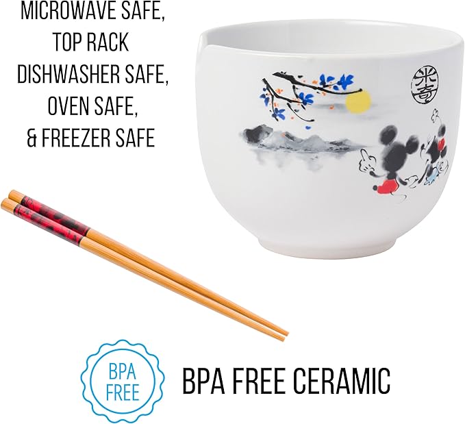 Silver Buffalo Disney Mickey and Minnie Watercolor Watching the Sunset Ceramic Ramen Noodle Rice Bowl with Chopsticks, Microwave Safe, 20 Ounces