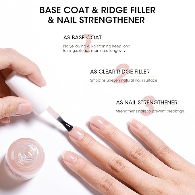 GELLEN Tinted Nude Ridge Filler For Nails, Clear Nail Polish Ridge Filling Base Coat, Nail Strengthener and Growth, Hydrates Strengthens Nourishes Damaged Dry Nails, Shea Butter & Vitamin E & Protein
