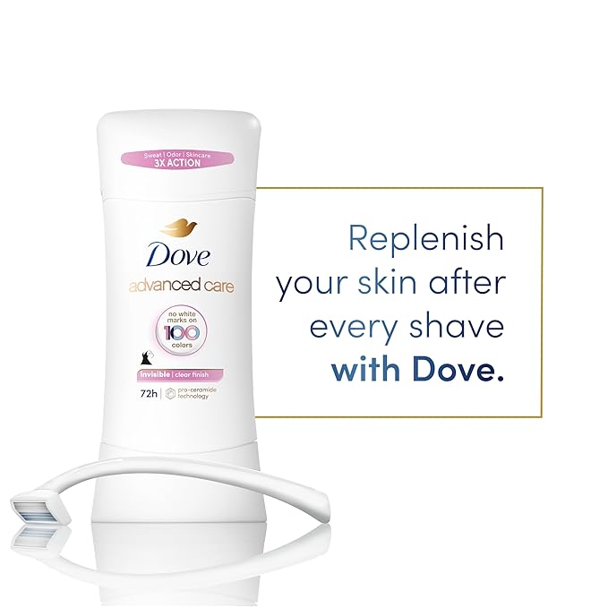 Dove Advanced Care Antiperspirant Deodorant Stick for Soft, Resilient Skin, Clear Finish with No White Marks and 72-Hour Sweat & Odor Protection, 2.6 oz