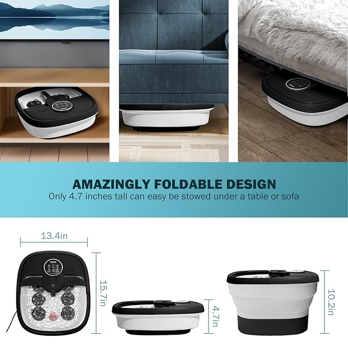 KNQZE Collapsible Foot Spa Electric Foot Bath with Heat, Bubble, Remote, 24 Motorized Shiatsu Massage Balls. Pedicure Soaking tub for Feet Stress Relax (Black)