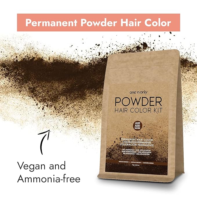 One N' Only Powder Hair Color Kit, Medium Brown, Permanent Color in Single Application, 100% Gray Hair Coverage without Lift, Just Add Water - No Developer Needed, Vegan and Cruelty Free