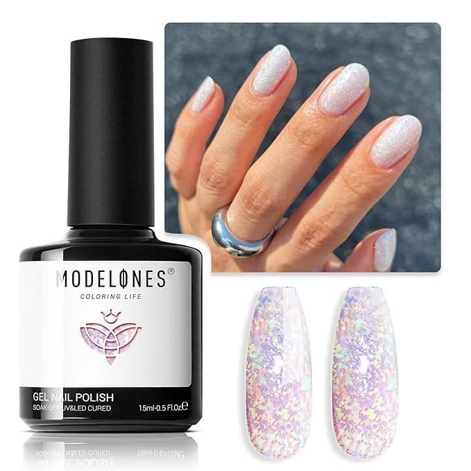 modelones Glitter Gel Nail Polish, 1 PCS 15ML Glitter Sparkly Shiny Holographic Gel Polish Soak OFF LED Nail Art Rainbow Reef Purple Shimmer Gel Nail Manicure Salon DIY Nails Gift for Women