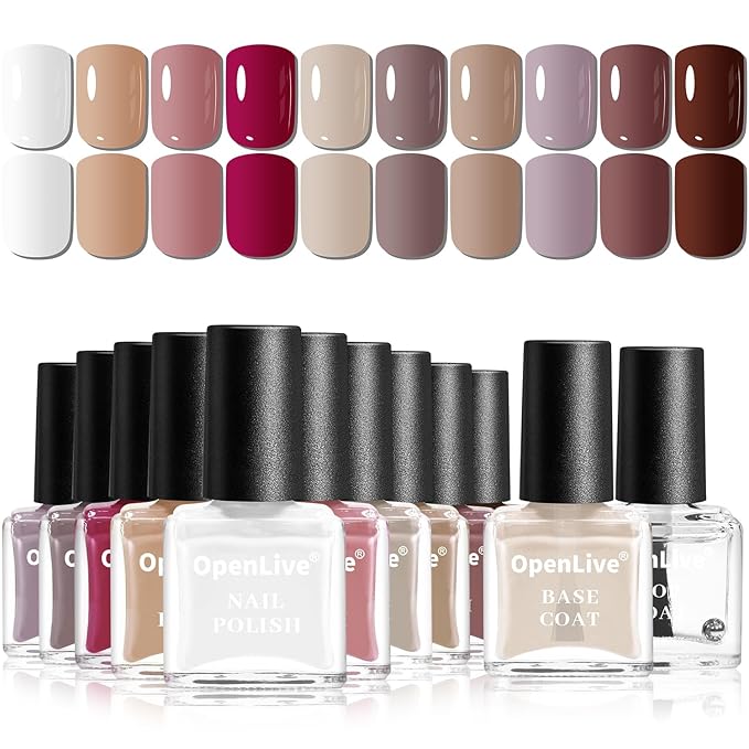 12 PCS Nail Polish Set 10 Color With 2PCS Base and Top Coat Quick Drying Fall Nude Brown White Red Color Holiday Gift for Her