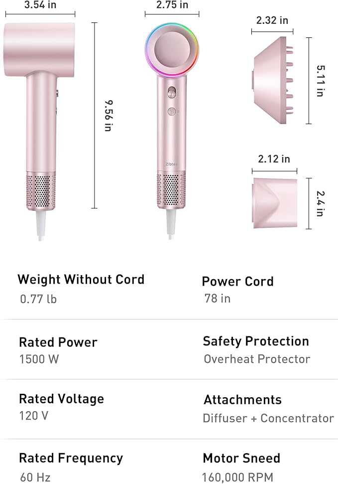 High-Speed Hair Dryer, 160,000 RPM Brushless Motor for Ultra-Fast Drying,500M Ionic Negative for Frizz Reduce, Low Noise Thermo-Control Blow Dryer with Diffuser for Curly Hair Women and Men,Rose Gold