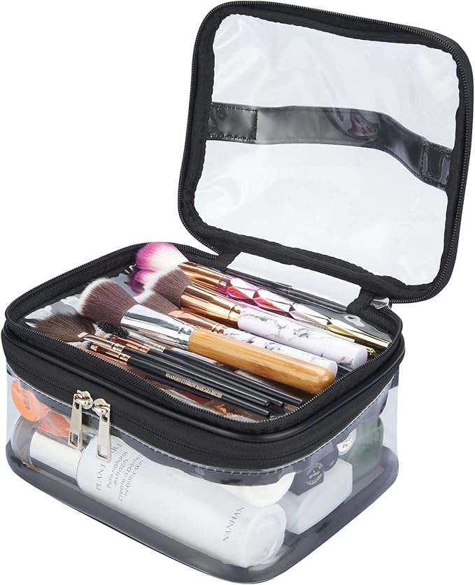 Double Layer Clear Cosmetic Bag Makeup Bag, Waterproof Travel Toiletry Bag, Transparent PVC Hair & Nail Accessories Pouch Beach Bag Organizer (Black)