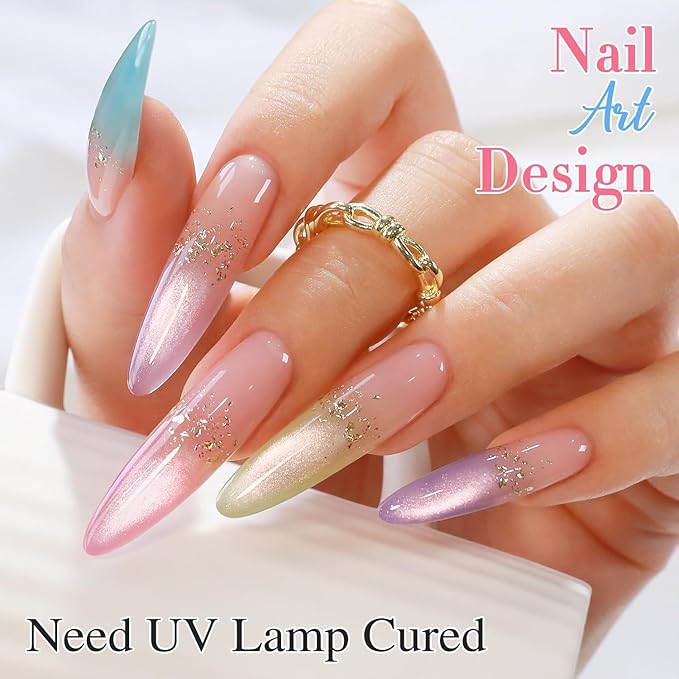 Double Rhythm Cat Eye Gel Nail Polish Set of 6 Same Color Same Bottle 0.5 Oz Shimmer Glitter with Magnet Holographic Reflective Magnetic UV Nail Polish Kit at Home (Rose Green Pink Purple-T6-46)