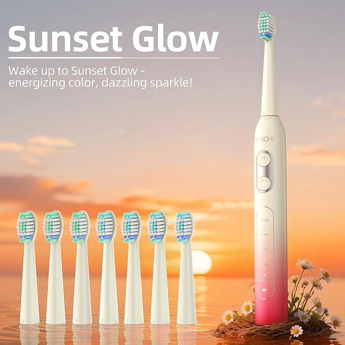 YUNCHI Electric Toothbrush for Adults and Kids, Rechargeable Battery Toothbrushes, 8 Brush Heads, 90 Days, 1 Travel Case, 2 Min Timer, IPX7 Waterproof, 5 Modes, Red Yellow Gradient