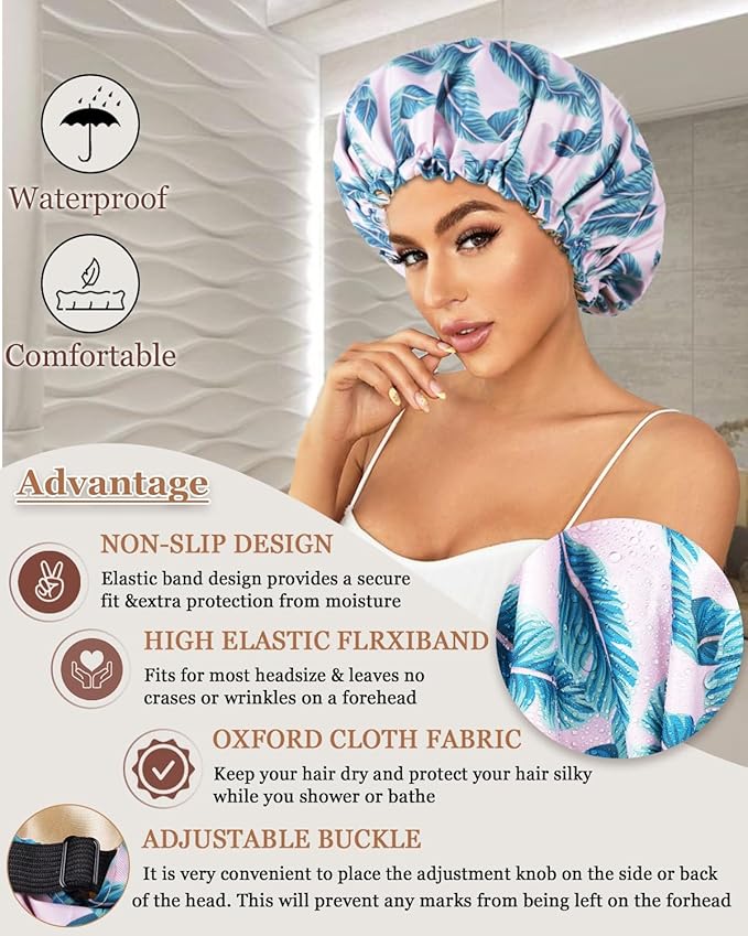 Shower Caps for Women Waterproof Reusable… (Pink Palm)