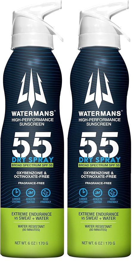Watermans Dry Spray Sunscreen SPF 55, Reef Safe Broad Spectrum Sunscreen Spray, Fragrance Free, Oxybenzone Free (Pack of 2)