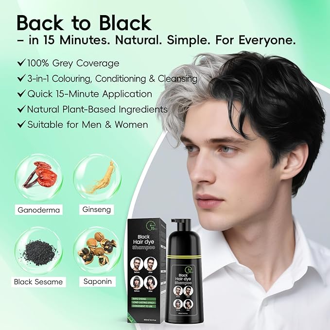 Black Hair Dye Shampoo for Gray Hair, Semi-Permanent Hair Color Shampoo for Men/Women,3 in 1 100% Grey Coverage,Natural herbal Ingredients (Black)