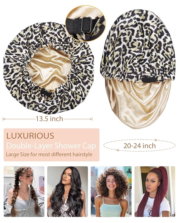 Shower Caps for Women Waterproof Reusable… (Black Leopard)