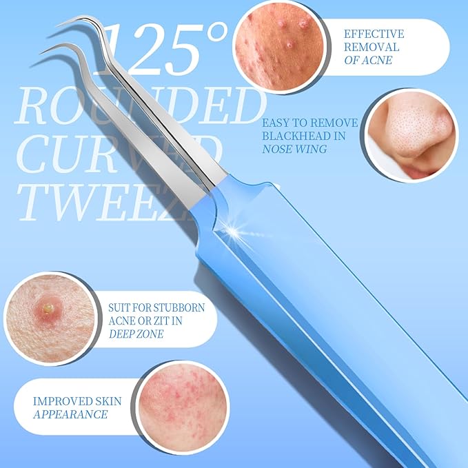 Teenitor 7 Pcs Professional Blackhead Remover Tweezers and Pimple Popper Tool Kit, Tweezers for Women Facial Hair, Blackhead Extractor, Pimple Extractor, Light Blue