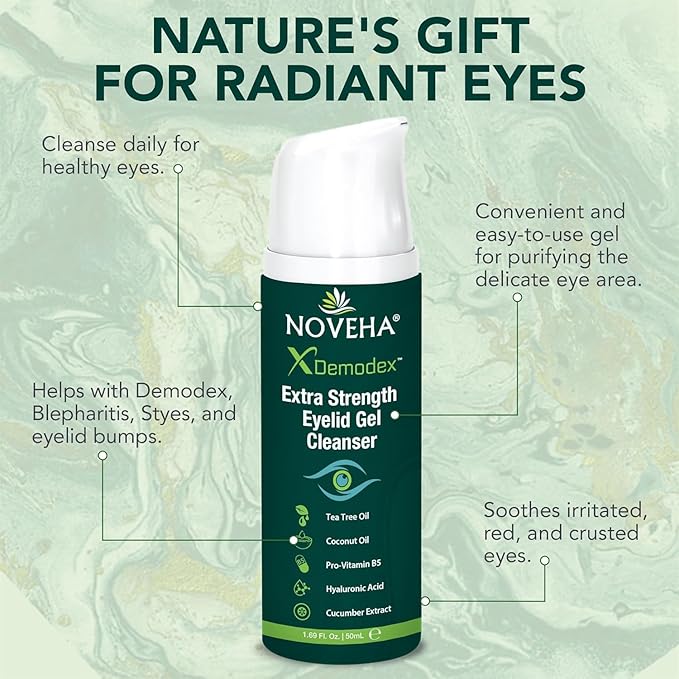 NOVEHA Demodex Extra Strength Eyelid Gel Cleanser - for Demodex, MGD and Dry Eye with Pro-Vitamin B5, Tea Tree Oil, and Hyaluronic Acid - Gentle Cleansing, Soothes Itchy Eyelid - 50mL (3 Pack)