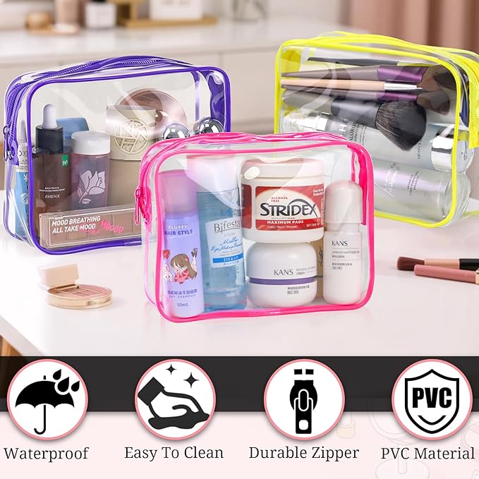 6 Pieces Clear Makeup Bags Bulk TSA Approved Toiletry Bag for Travel PVC Waterproof Clear Cosmetic Pouch with Zipper for Men and Women Carry-on Travel Essentials