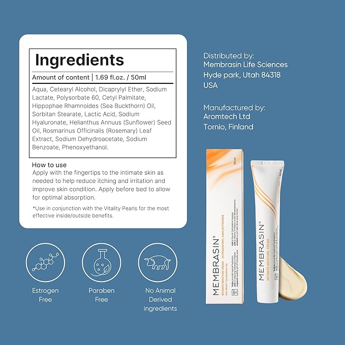 Membrasin Vaginal Moisture Cream with Hyaluronic Acid, Relieves Vaginal Dryness, Itching and Burning, Menopause Support, Hormone Free, Plant Based Formula with Omega 3 6 7 9 and Vitamin E, 50 ml