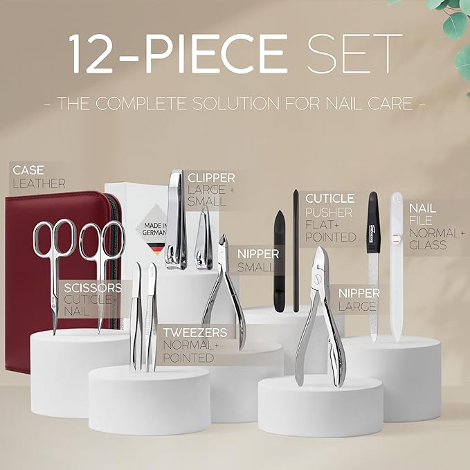 Manicure Set Women and Men – 12-Piece Professional Grooming Kit with Premium Tools, Genuine Leather Case, and exclusive Glass Nail File for Hand & Foot Care, German Quality