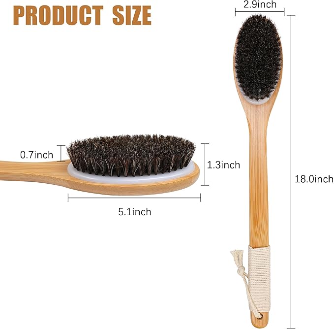 OWIIZI Horsehair Bath Brush Bamboo Curved Long Handle Antiskid Body Brush for Exfoliating, Natural Mane Shower Scrubber for Back Use Wet or Dry,Back Scrub Deep Cleanse-17.9inches