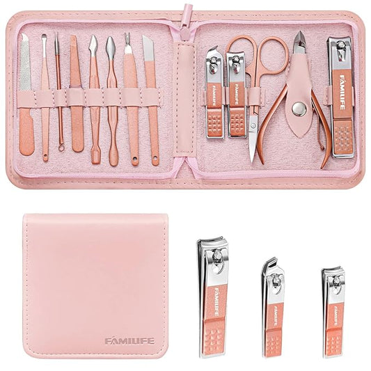 FAMILIFE Manicure Set, Professional Nail Kit Stainless Steel Nail Clipper Set, 13PCS Beauty Tools Manicure Kit Pedicure Tools, with Portable Pink Leather Travel Case for Her
