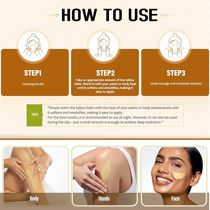 Beef Tallow for Skin, Beef Tallow and Honey Balm, 100% Organic Grass-Fed Beef Tallow Balm, Face & Body Moisturizer, Deeply Nourishment for Dry, Cracked, Sensitive Skin, Natural Formula (4 Oz)