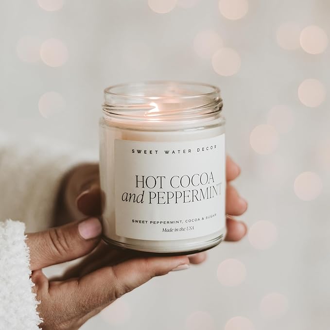 Sweet Water Decor Hot Cocoa and Peppermint Soy Candle - Chocolate, Peppermint, and Vanilla Holiday Scented Candles for Home - 9oz Clear Jar Candle with Gold Lid, 40+ Hour Burn Time, Made in The USA
