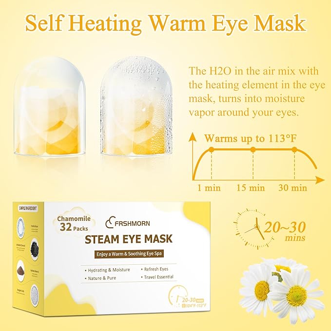 32 Packs Steam Eye Mask, Heated Eye Mask for Sleeping, Warm Compress for Eyes, Self Heating Disposal Steam Mask for Home Sleep, Office, Spa, Travel Essentials Stocking Stuffers (Chamomile)