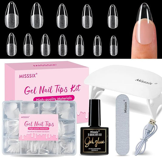 Misssix Medium Almond Gel Nail Tips Kit, 216Pcs Pre Etched Clear Fake Nails, Full Cover False Nail 9-in-1 Gel Glue and Portable Mini U V Nail Lamp for Women 12 Sizes