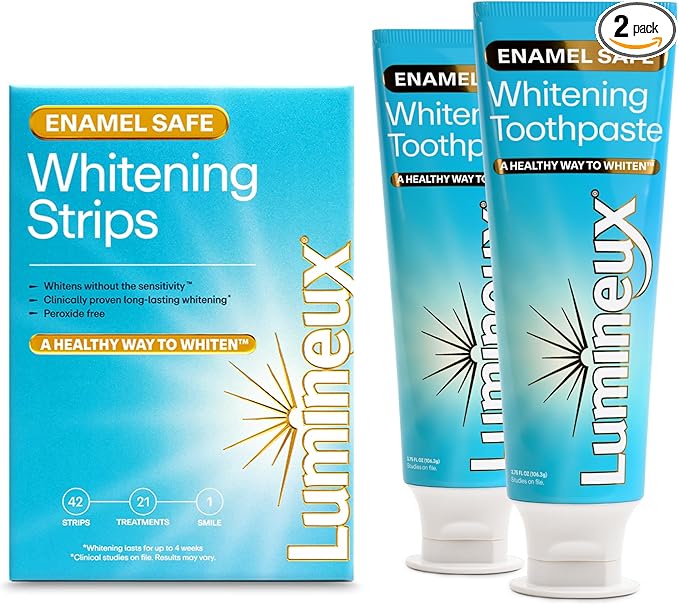 Lumineux Whitening Duo Set – Peroxide Free - Enamel Safe for Whiter Teeth – Includes 21 Whitening Treatments & 2 Pack Whitening Toothpaste, Fluoride Free & Dentist Formulated