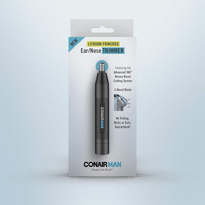 ConairMan Nose Hair Trimmer for Men, For Nose, Ear, and Eyebrows, Patent 360 Bevel Blade for No Pull, No Snag Trimming Experience, Cordless Lithium-Powered Trimmer with Drawstring Bag