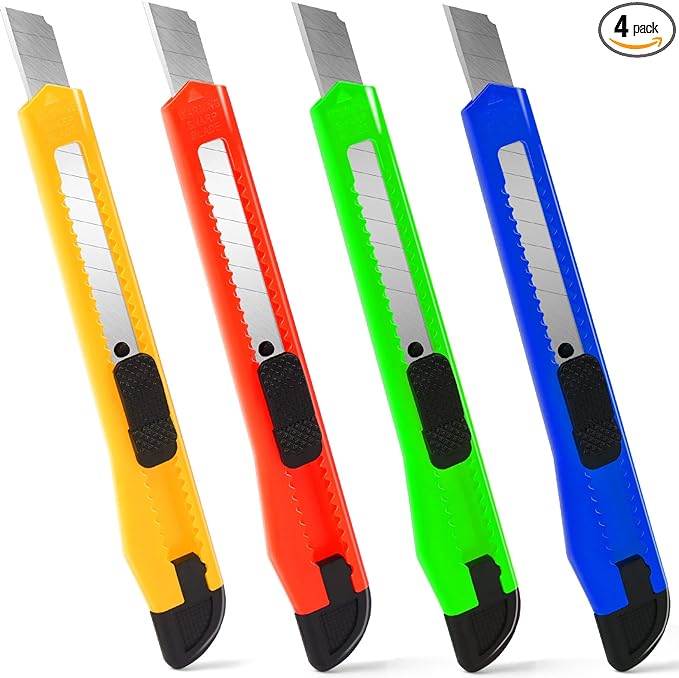 4 Pack Box Cutter, 9mm Snap-off Utility Knife, Box Cutter Retractable for Opening Packages Cartons, Box Opener, Disposable Razor Knife Exacto Knife Perfect for Office and Home use