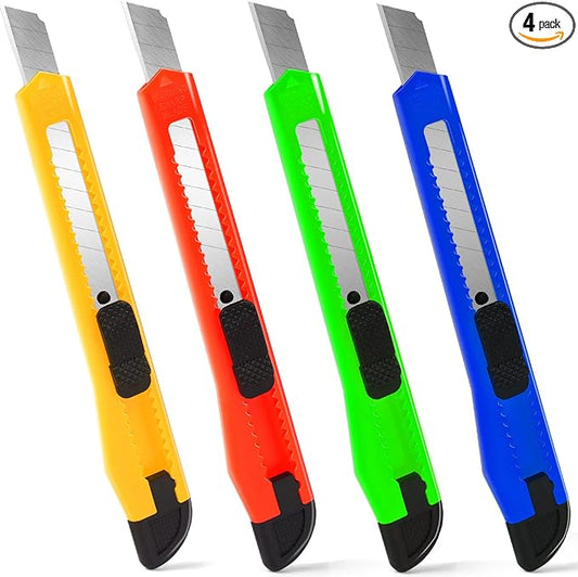 4 Pack Box Cutter, 9mm Snap-off Utility Knife, Box Cutter Retractable for Opening Packages Cartons, Box Opener, Disposable Razor Knife Exacto Knife Perfect for Office and Home use