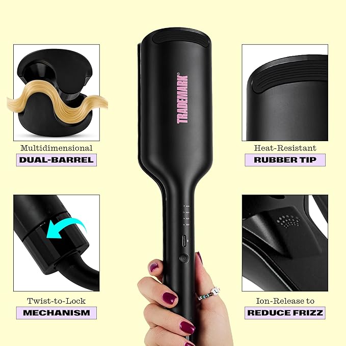 Trademark Beauty Hair Waver - Double Barrel Hair Crimper, Beach Waves Curling Iron, Babe Waves X, Adjustable Temperature Hair Curler, Hair Styling Tools, 1.25" - Black