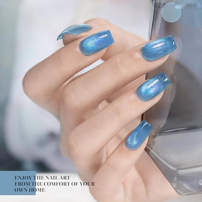 RARJSM Blue Cat Eye Gel Nail Polish Set 6pcs Reflective Diamond Glitter Clear Light Gray Sea Blue Green Tone Glass Cateye Gelpolish with Magnet Stick 7.5ml Curing Requires Soak Off for Home Salon