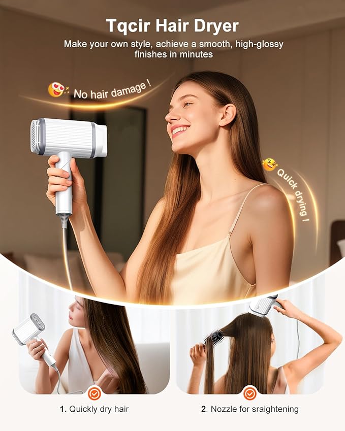 Hair Dryer, 220,000 RPM Dual High-Speed Brushless Motors Blow Dryer for 6X Fast Drying, 500 Million Negative Ionic Hair Dryers for Long Thick Hair, Low-Noise 4 Temps /4 Speeds