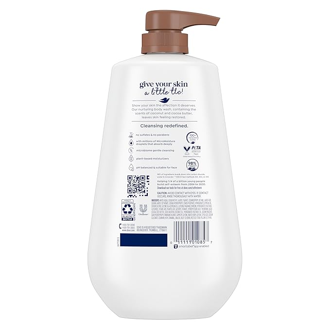 Dove Body Wash with Pump Restore Coconut & Cocoa Butter for 24hr Lotion-Soft Skin Moisturizing Skin Cleanser with No Sulfates No Parabens 30.6 Oz