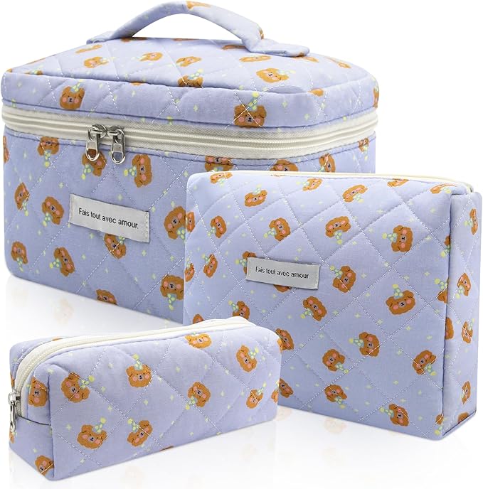 Quilted Makeup Bag Set, 3pc Large Floral Cosmetic Bag for Women, Cute Cotton Makeup Bags, Flower Travel Toiletry Organizer Bag (Blue Small Sheep)