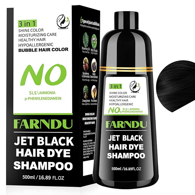 Jet Black Hair Dye Shampoo Ammonia-free & PPD-free, Gray Hair Coverage Natural Herbal 3 in 1 Hair Color Shampoo for Women Men