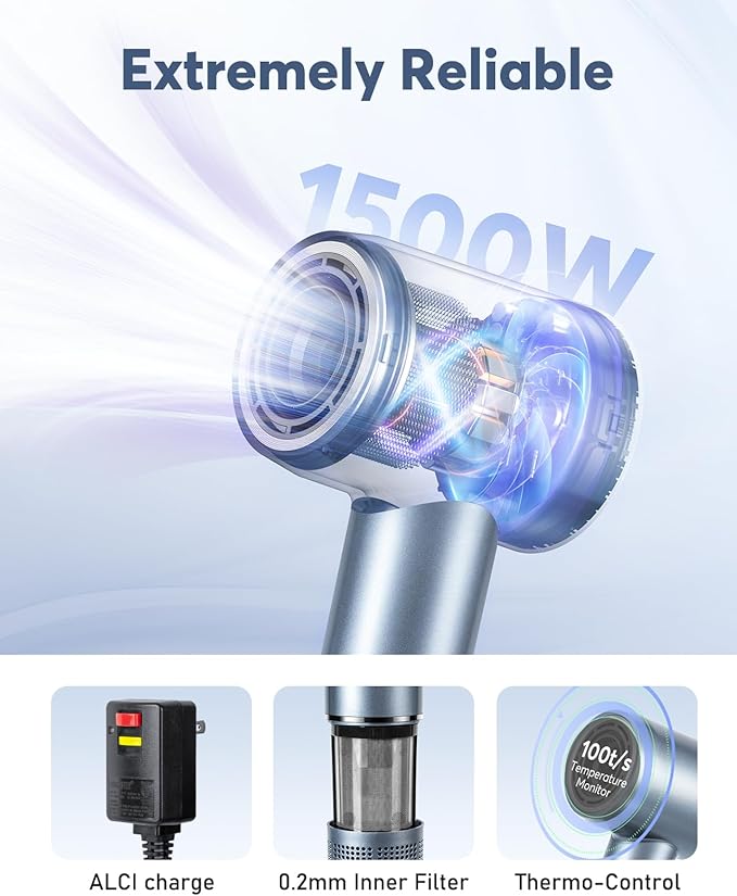 Bopcal Ionic Hair Dryer, 160000 RPM Brushless Motor, Smart Thermo-Control, Negative Ion Fast Drying, Quiet Lightweight Blow Dryer, Cold Air & 4 Heat Settings, for Home Travel Salon, Silver