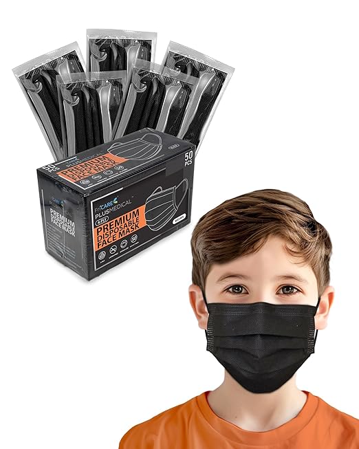 FriCARE Face Masks Disposable for Kids, 4 Ply ASTM Level 3, FSA HSA Eligible, Allergy Protection, Individually Wrapped, 50 Pack, Classic Solid Black