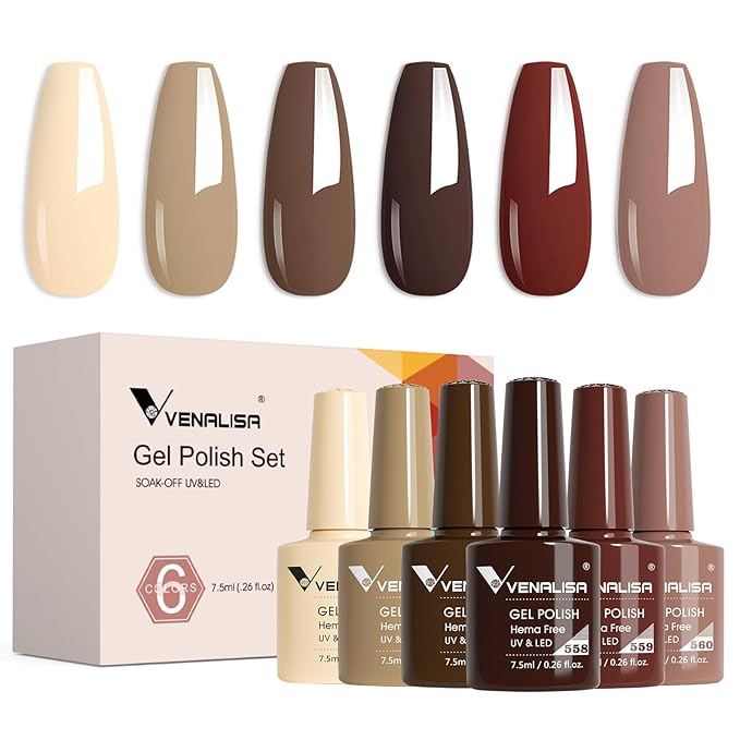 VENALISA Brown Gel Nail Polish Set - 6 Colors Fall Winter Skin Tones Neutral Nude Brown Gel Polish Kit for Salon Nail Art DIY at Home Manicure