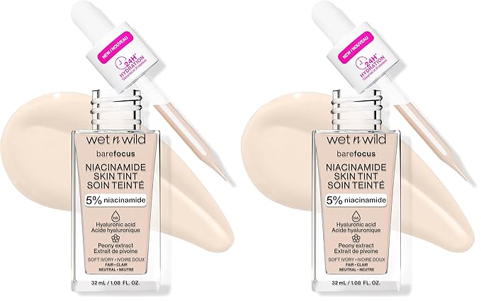 wet n wild Bare Focus Skin Tint, 5% Niacinamide Enriched, Buildable Sheer Lightweight Coverage, Natural Radiant Finish, Hyaluronic & Vitamin Hydration Boost, Cruelty-Free & Vegan - Soft Ivory